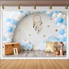 Lofaris Dreamy First Birthday Backdrop, Blue Balloon Arch with Dreamcatcher and Stars for Cake Smash
