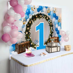Lofaris Boy First Birthday Backdrop, Blue and White Balloon Arch with Green Wreath and Large Number 1
