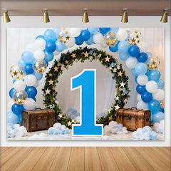 Lofaris Boy First Birthday Backdrop, Blue and White Balloon Arch with Green Wreath and Large Number 1