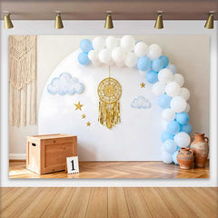 Lofaris Boho 1st Birthday Cake Smash Backdrop, Blue and White Balloon Arch with Gold Dreamcatcher Decor