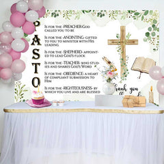 Lofaris Pastor Appreciation Day Backdrop, Religious PASTOR Poem with Wooden Cross and Bible Decoration