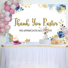 Lofaris Thank You Pastor Backdrop, Blue Floral and Gold Glitter Appreciation Day Decoration for Church