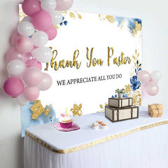 Lofaris Thank You Pastor Backdrop, Blue Floral and Gold Glitter Appreciation Day Decoration for Church