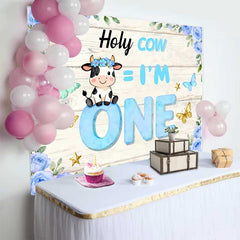 Lofaris Holy Cow I am One Birthday Backdrop, Blue Floral Cow Theme for Boy 1st Birthday Cake Smash