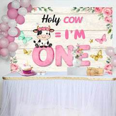 Lofaris Holy Cow I am One Birthday Backdrop, Pink Floral Cow Theme for Girl 1st Birthday Cake Smash