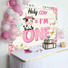 Lofaris Holy Cow I am One Birthday Backdrop, Pink Floral Cow Theme for Girl 1st Birthday Cake Smash