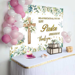 Lofaris Happy Pastor Appreciation Day Backdrop, Wooden Cross with Lilies and Doves Church Decoration