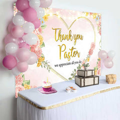 Lofaris Thank You Pastor Backdrop, Pink Floral Heart with String Lights for Minister Appreciation Day