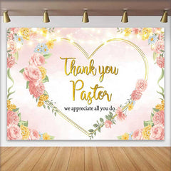 Lofaris Thank You Pastor Backdrop, Pink Floral Heart with String Lights for Minister Appreciation Day