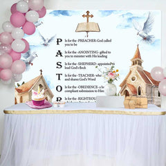 Lofaris Pastor Appreciation Backdrop, Religious Acrostic Poem with Doves and Church Watercolor Art