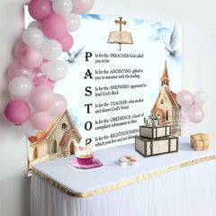Lofaris Pastor Appreciation Backdrop, Religious Acrostic Poem with Doves and Church Watercolor Art
