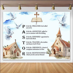 Lofaris Pastor Appreciation Backdrop, Religious Acrostic Poem with Doves and Church Watercolor Art