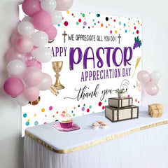 Lofaris Happy Pastor Appreciation Day Backdrop, Colorful Confetti with Religious Icons for Church Party