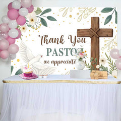 Lofaris White Floral Cross Dove Thank You Pastor Backdrop, Church Appreciation Event Decor, Photography Background