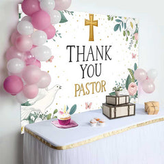 Lofaris Pink Floral Gold Cross Thank You Pastor Backdrop, Dove Church Appreciation Event Decor, Photography Background