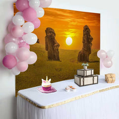 Lofaris Easter Island Moai Statues Sunset Landscape Backdrop, Ancient Wonders Scenery Event Photography Background