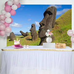 Lofaris Easter Island Moai Statues Grassy Hill Backdrop, Ancient Relics Nature Landscape Photography Background