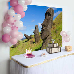 Lofaris Easter Island Moai Statues Grassy Hill Backdrop, Ancient Relics Nature Landscape Photography Background