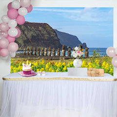 Lofaris Row of Moai Statues Ocean Coastal Scenery Backdrop, Easter Island Historic Landscape Photography Background