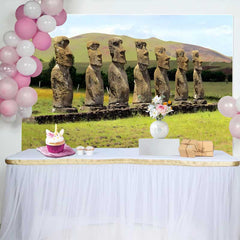 Lofaris Seven Moai Statues Green Meadow Landscape Backdrop, Easter Island Historic Site Event Photography Background