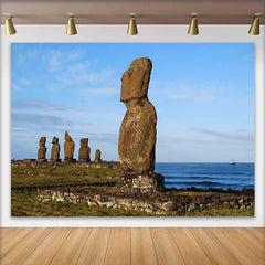 Lofaris Coastal Easter Island Moai Statue Ocean Scenery Backdrop, Ancient Historic Site Landscape Photography Background