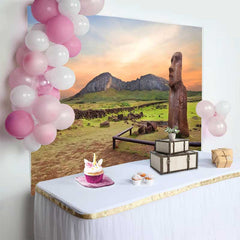 Lofaris Sunset Easter Island Moai Statue Mountain Backdrop, Ancient Historic Ruins Landscape Photography Background
