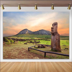 Lofaris Sunset Easter Island Moai Statue Mountain Backdrop, Ancient Historic Ruins Landscape Photography Background