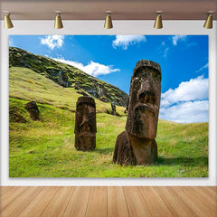 Lofaris Easter Island Giant Moai Statues Grass Hill Backdrop, Ancient Historic Relics Landscape Photography Background