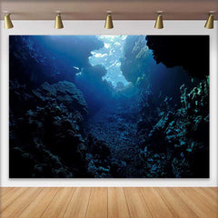 Lofaris Mysterious Deep Blue Underwater Cave Natural Scenery Backdrop, Serene Coral Reef for Aquatic Party