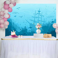 Lofaris Blue Teal Underwater Sunken Ship and Marine Life Natural Scenery Backdrop, Deep Ocean Adventure Party Decor