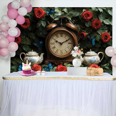 Lofaris Enchanted Garden Wedding Backdrop with Vintage Clock, Red Roses and Blue Butterflies for Romantic Events