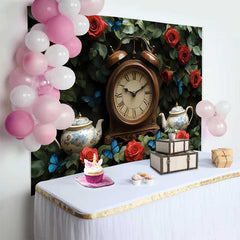 Lofaris Enchanted Garden Wedding Backdrop with Vintage Clock, Red Roses and Blue Butterflies for Romantic Events