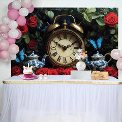 Lofaris Enchanted Garden Wedding Backdrop with Vintage Clock, Red Roses and Blue Butterflies Teapots