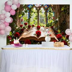 Lofaris Enchanted Stained Glass Window with Red Roses and Old Book Wedding Backdrop, Romantic Fairytale Decor