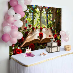 Lofaris Enchanted Stained Glass Window with Red Roses and Old Book Wedding Backdrop, Romantic Fairytale Decor