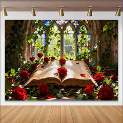 Lofaris Enchanted Stained Glass Window with Red Roses and Old Book Wedding Backdrop, Romantic Fairytale Decor