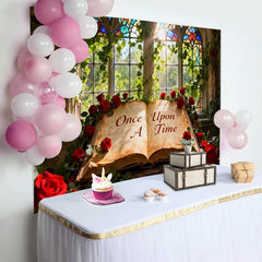 Lofaris Enchanted Once Upon A Time Fairy Tale Wedding Backdrop with Red Roses, Stained Glass Window for Romantic Events