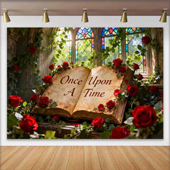 Lofaris Once Upon A Time Storybook Wedding Backdrop with Red Roses, Enchanted Stained Glass Window Decor
