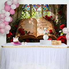 Lofaris Once Upon A Time Storybook Wedding Backdrop with Red Roses, Stained Glass Window for Romantic Fairytale Decor