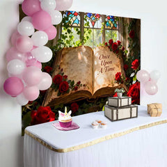 Lofaris Once Upon A Time Storybook Wedding Backdrop with Red Roses, Stained Glass Window for Romantic Fairytale Decor