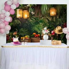 Lofaris Vibrant Tropical Jungle Birthday Cake Smash Backdrop, Lush Greenery with Campfire and Lanterns for Photoshoot