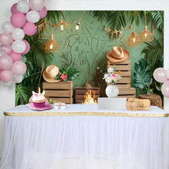 Lofaris Lush Tropical Green Birthday Cake Smash Backdrop, Boho Jungle Leaves and String Lights for Party