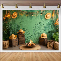 Lofaris Green Tropical Jungle Leaves Birthday Cake Smash Backdrop, Rustic Campfire Photo Studio Prop