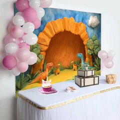 Lofaris Cute Cartoon Dinosaurs and Cave Birthday Cake Smash Backdrop, Prehistoric Jungle Party Decor