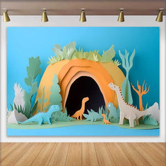 Lofaris Cute Paper Cut Dinosaurs Prehistoric Cave Birthday Cake Smash Backdrop, Jungle Foliage Baby Birthday Party Decor