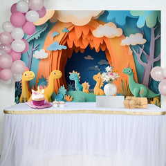 Lofaris Colorful Paper Cut Style Cute Dinosaur Jungle Birthday Cake Smash Backdrop, Baby Birthday Party Photo Booth