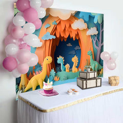 Lofaris Colorful Paper Cut Style Cute Dinosaur Jungle Birthday Cake Smash Backdrop, Baby Birthday Party Photo Booth