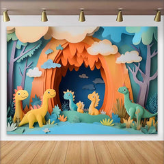 Lofaris Colorful Paper Cut Style Cute Dinosaur Jungle Birthday Cake Smash Backdrop, Baby Birthday Party Photo Booth