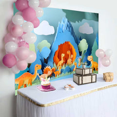 Lofaris Cute Paper Art Dinosaur Birthday Cake Smash Backdrop, Prehistoric Cave Mountain Scene for Kids Party
