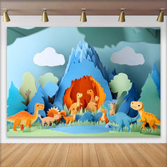 Lofaris Cute Paper Art Dinosaur Birthday Cake Smash Backdrop, Prehistoric Cave Mountain Scene for Kids Party